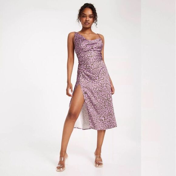 NWT For Love & Lemons June Purple Animal Print Midi Dress Size Small - Picture 1 of 10